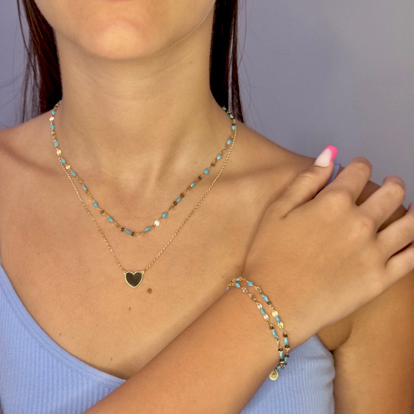 Collana Soleado doppia catena in argento 925 placcata oro 18 kt e smalto turchese