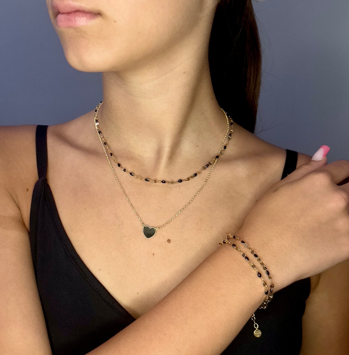 Collana Soleado doppia catena in argento 925 placcata oro 18 kt e smalto nero