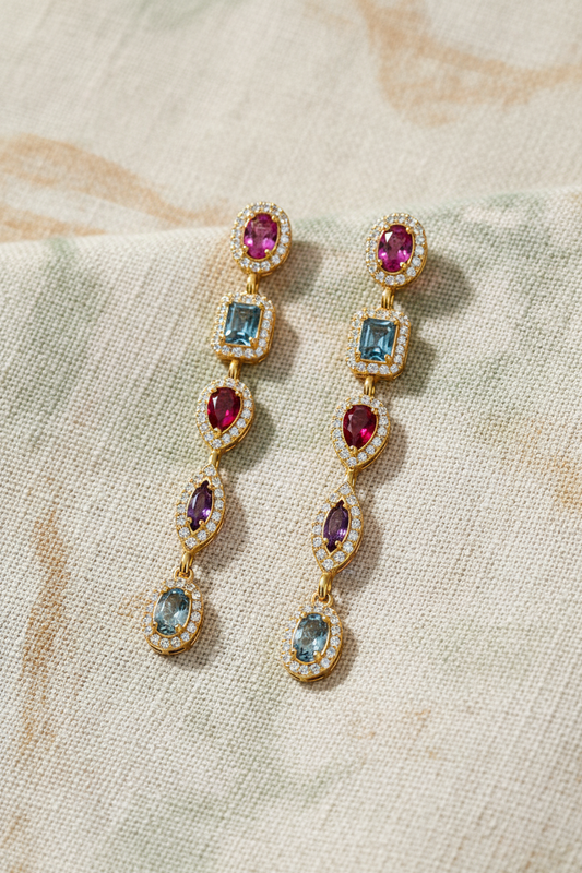 Orecchini Triad (cinque elementi) in argento 925 placcato oro 18 kt e zirconi multicolor