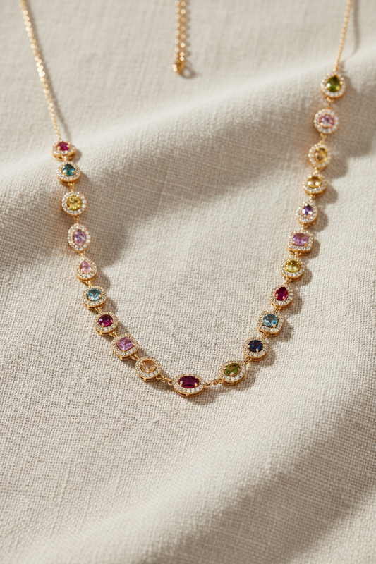 Mezzo Girocollo Triad in argento 925 placcato oro giallo 18 kt e pietre multicolor