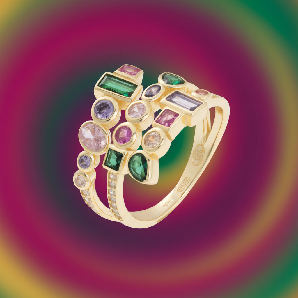 Anello Lively in argento 925 con placcatura in oro 18 kt e pietre multicolor