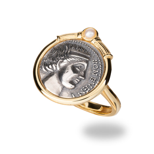 Anello Denariòs in argento 925 placcato oro giallo 18 kt e piccola perla