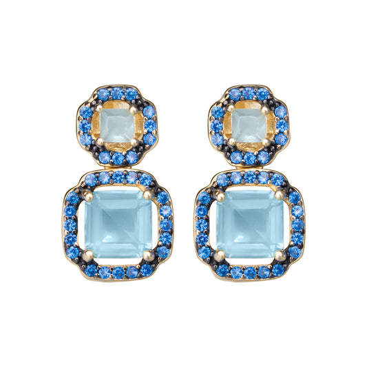Orecchini Ara Macao in argento 925 placcato oro giallo 18 kt e pietre naturali azzurre e blu