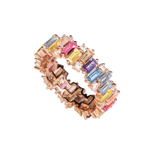 Anello Mondrian veretta in argento 925 con pietre naturali multicolor taglio baguette