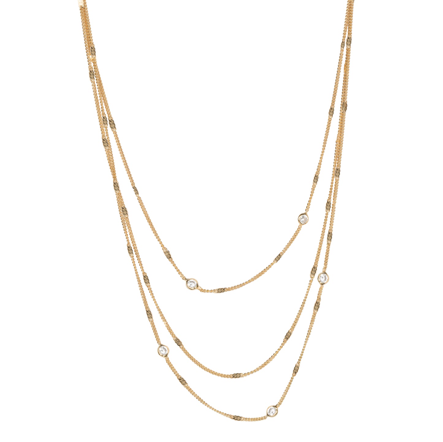 Collana Saturn tre fili in argento 925 placcata oro 24 kt e pietre bianche naturali