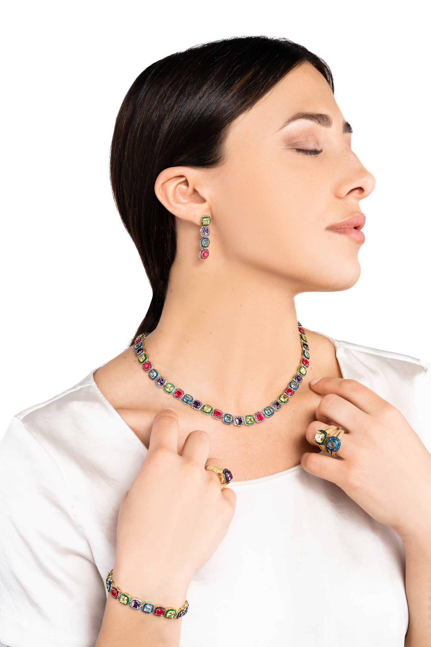 Girocollo Ara Macao in argento 925 placcato oro giallo 18 kt e quartz naturali multicolor