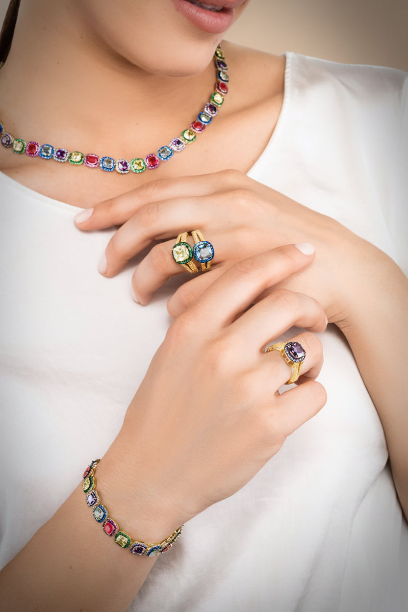 Anello Ara Macao argento 925 placcato oro giallo 18 kt e zirconi multicolor