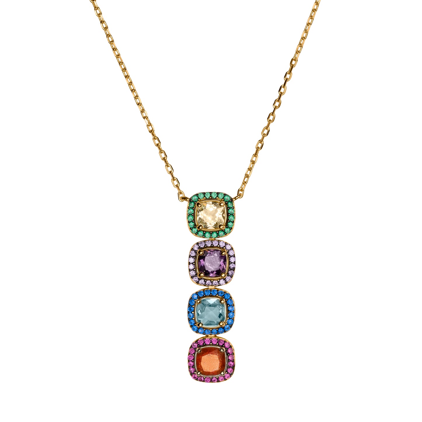 Collana Ara Macao in argento 925 placcata oro giallo 18 kt e quartz naturali multicolor