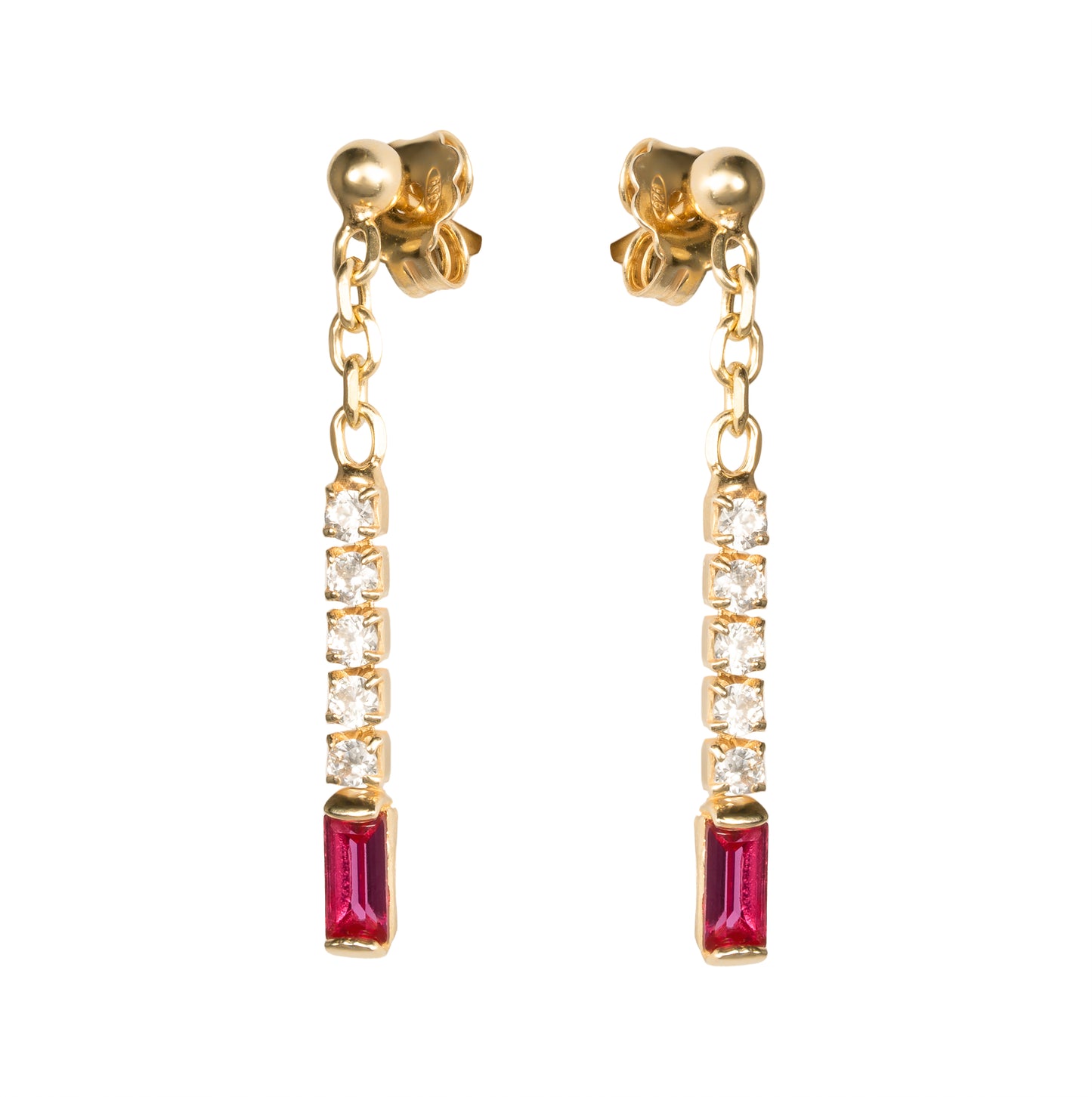 Orecchini Relic in argento 925 placcato oro 24 kt e zirconi naturali bianchi e rosso rubino