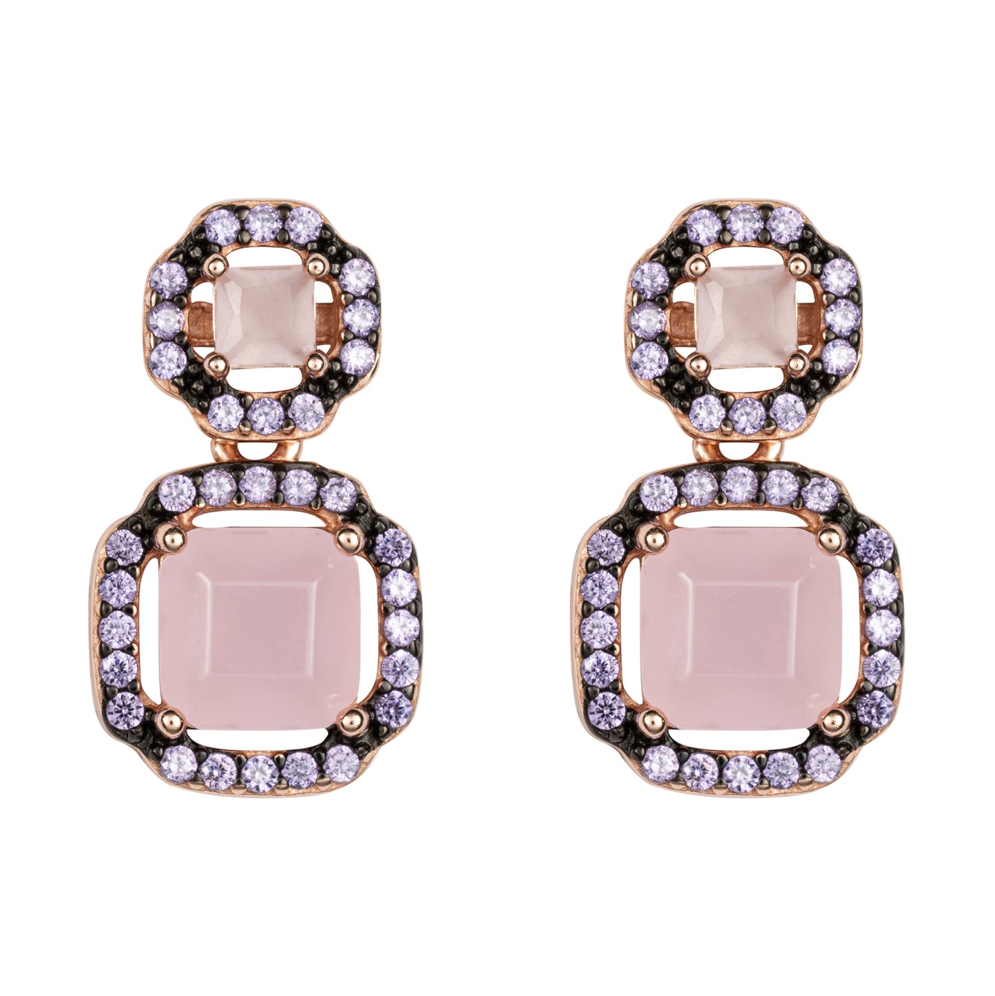 Orecchini Ara Macao in argento 925 placcato oro rosa 18 kt e zirconi naturali rosa e lilla