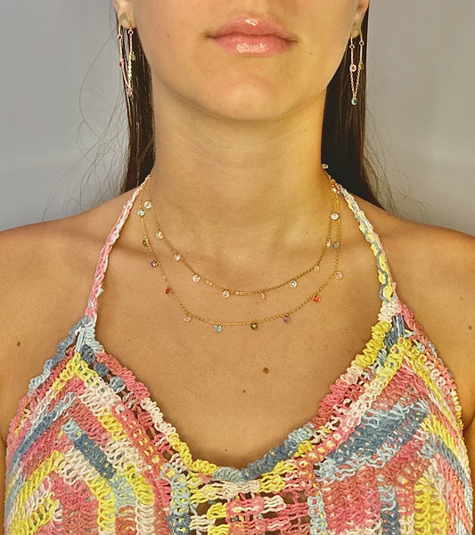 Collana Soleado in argento 925 placcata oro 18 kt con zirconi bianchi e pietre multicolor