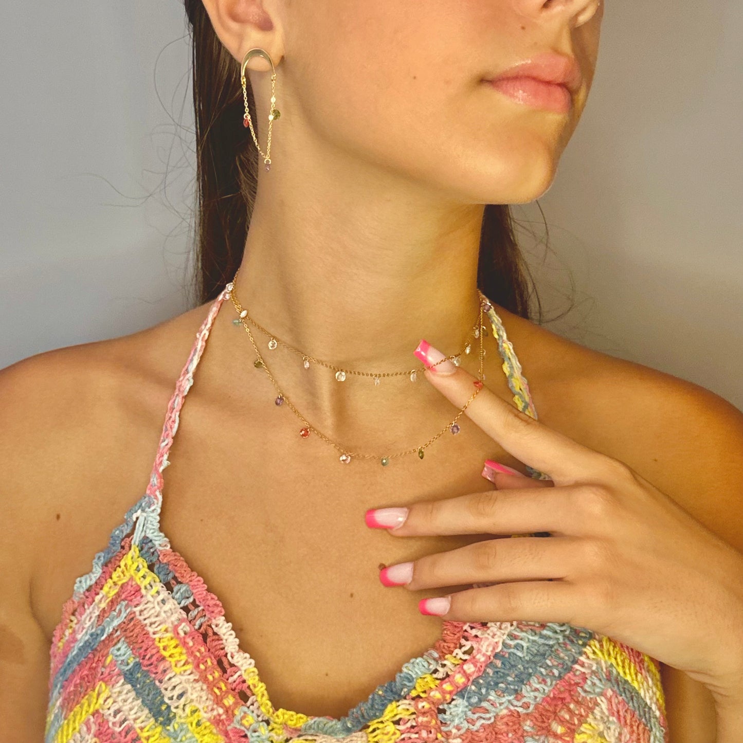 Collana Soleado in argento 925 placcata oro 18 kt con zirconi bianchi e pietre multicolor