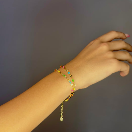 Bracciale Soleado doppia catena in argento 925 placcato oro 18 kt e smalto multicolor