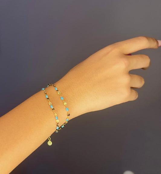 Bracciale Soleado doppia catena in argento 925 placcato oro 18 kt e smalto turchese