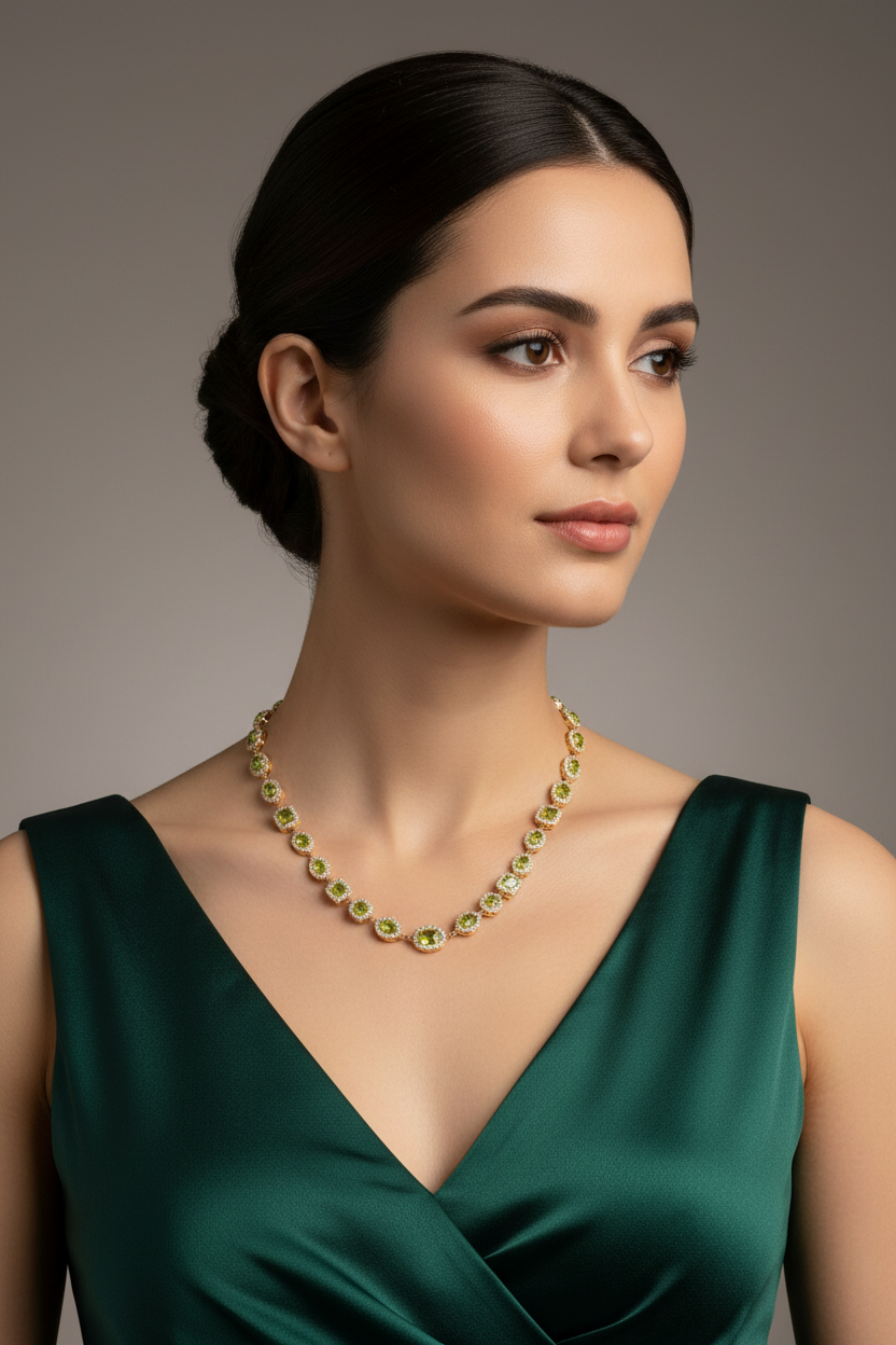 Mezzo Girocollo Triad in argento 925 placcato oro giallo 18 kt e pietre color verde peridoto