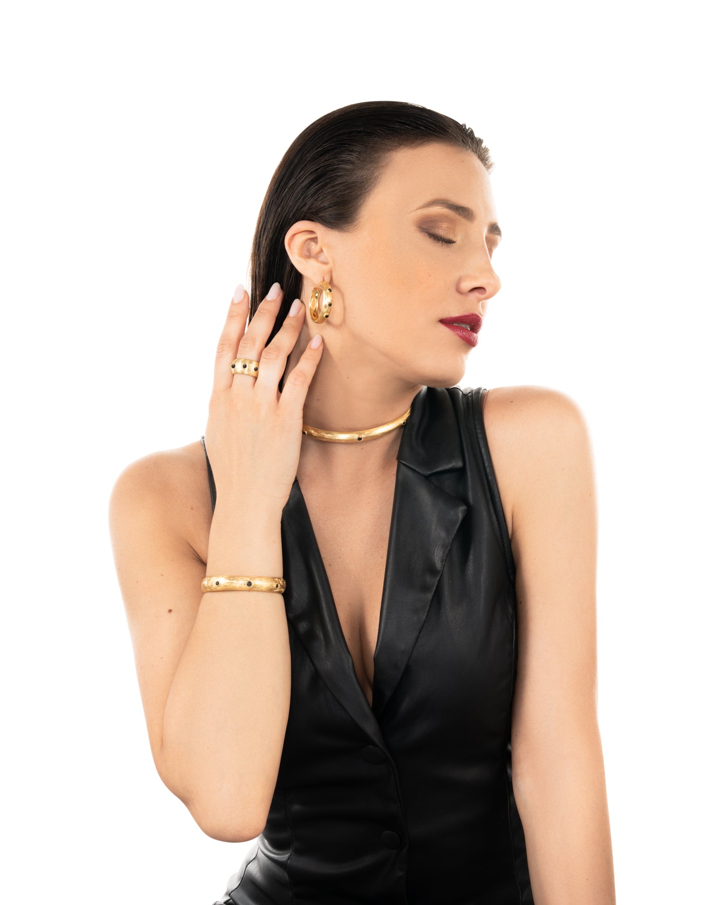 Bracciale Kairos in argento 925 satinato e placcato oro 24 carati con zirconi naturali neri