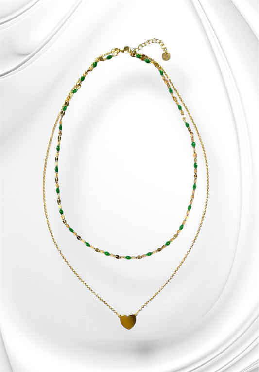 Collana Soleado doppia catena in argento 925 placcata oro giallo 18 kt e smalto verde