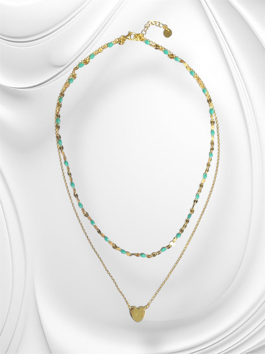 Collana Soleado doppia catena in argento 925 placcata oro 18 kt e smalto turchese