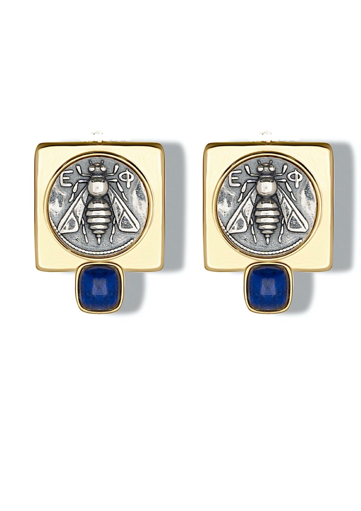 Orecchini Denariòs in argento 925 placcata oro giallo 18 kt e lapis naturale