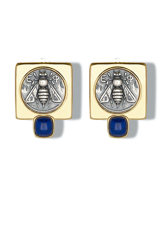 Orecchini Denariòs in argento 925 placcata oro giallo 18 kt e lapis naturale